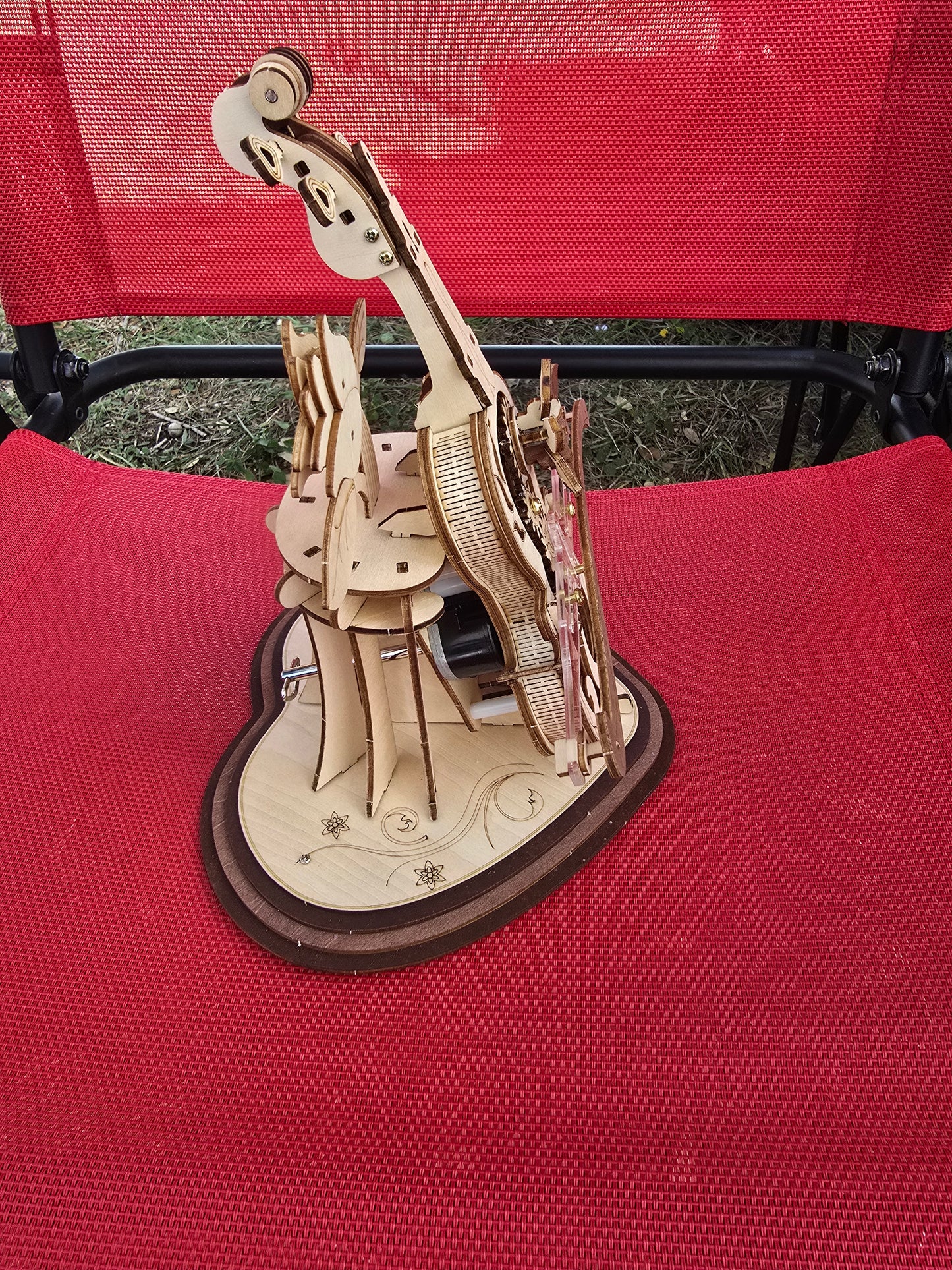 3D Wooden Heart & Flower Cello Puzzle Model w/Music Box, Fully Assembled