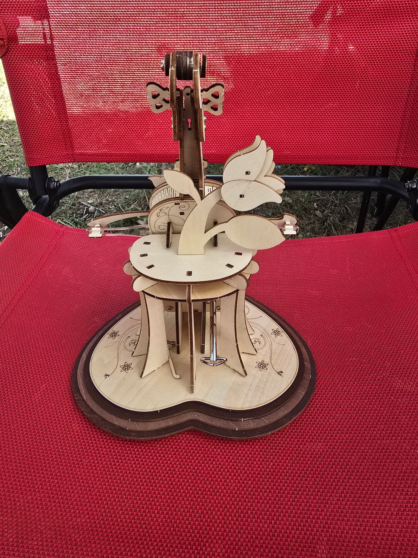 3D Wooden Heart & Flower Cello Puzzle Model w/Music Box, Fully Assembled
