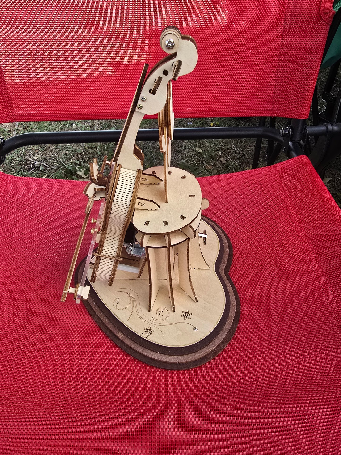 3D Wooden Heart & Flower Cello Puzzle Model w/Music Box, Fully Assembled