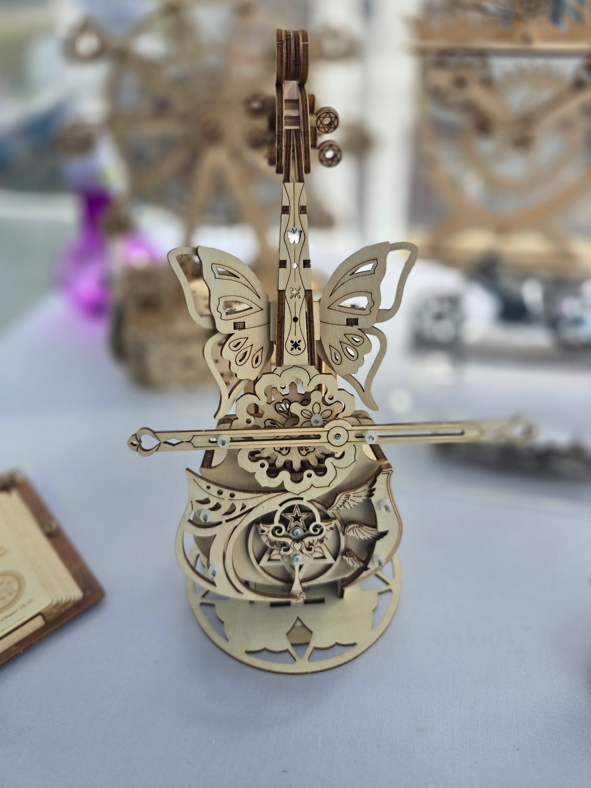 3D Wooden Butterfly Cello Puzzle Model w/Music Box, Fully Assembled
