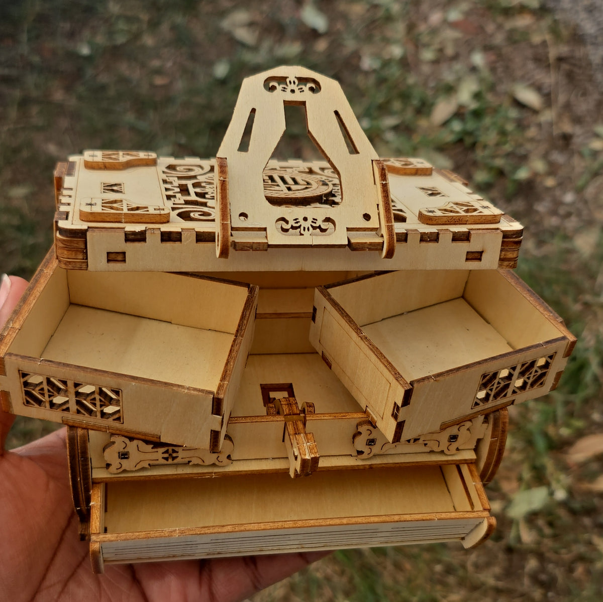 3D Wooden Jewelry Box Puzzle, Lidded Compartments, Fully Assembled Model
