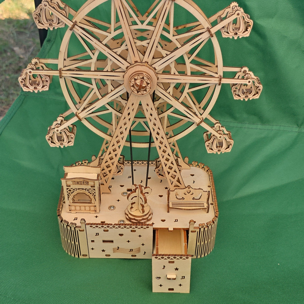 Wooden 3D Ferris Wheel Puzzle Model w/Music Box Style, Fully Assembled
